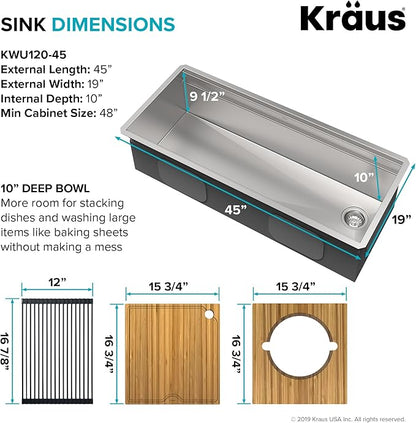 KRAUS Kore Workstation 45-inch Undermount 16 Gauge Stainless Steel Kitchen Sink, Single Bowl Kitchen Sink with Accessories, KWU120-45
