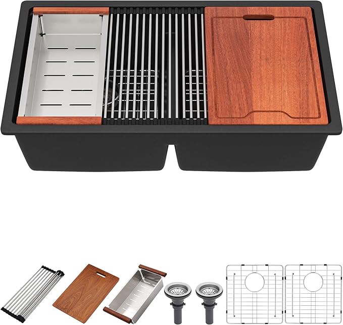 33 Inch Black Undermount Granite Composite Kitchen Sink Under Counter Quartz Single Bowl Sink Workstation Sinks with Accessories Quick Drain Noise Reduction Home Renovation Classic Style