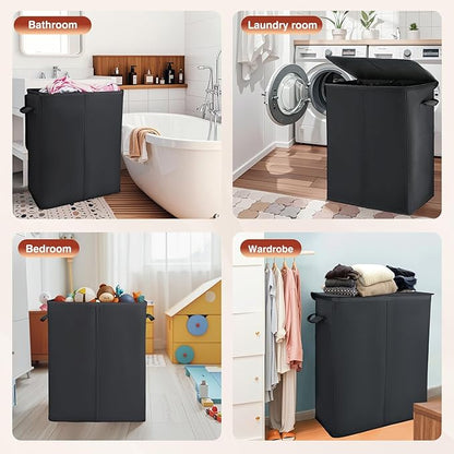 Voova 154L Double Laundry Hamper with Lid and 2 Removable Laundry Bags, Large Collapsible 2 Dividers Dirty Clothes Basket with Handles for Laundry Room, Bedroom, Bathroom, College Dorm, Black