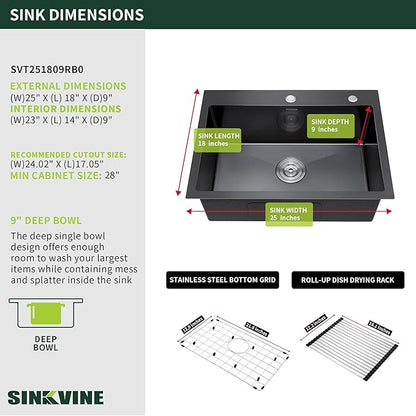 Black Kitchen Sink Drop-In 25 x 18 inch, SINKVINE PVD Nano Stainless Steel Outdoor Sink, Top Mount Large Deep Single Bowl Laundry Basin, w/Drain Strainer, Bottom Grid, Roll-up Drying Unit, Dark Gray