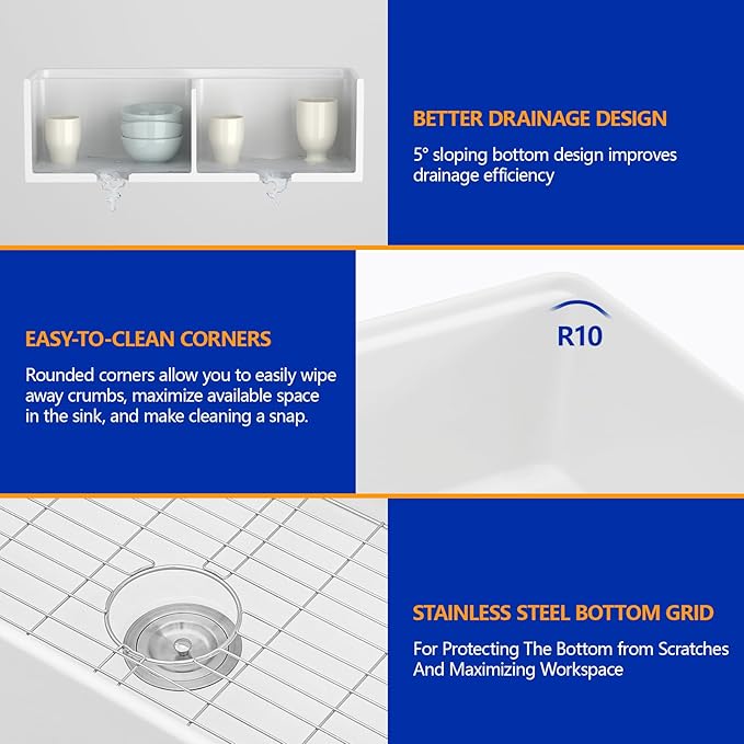 Dcolora 33 Inch White Farmhouse Sink Double Bowl 50/50 Workstation Country Farm Barn Kitchen Sink Flat Apron Front White Fireclay Ceramic Porcelain Sinks, 33x20x10, DC-A7767