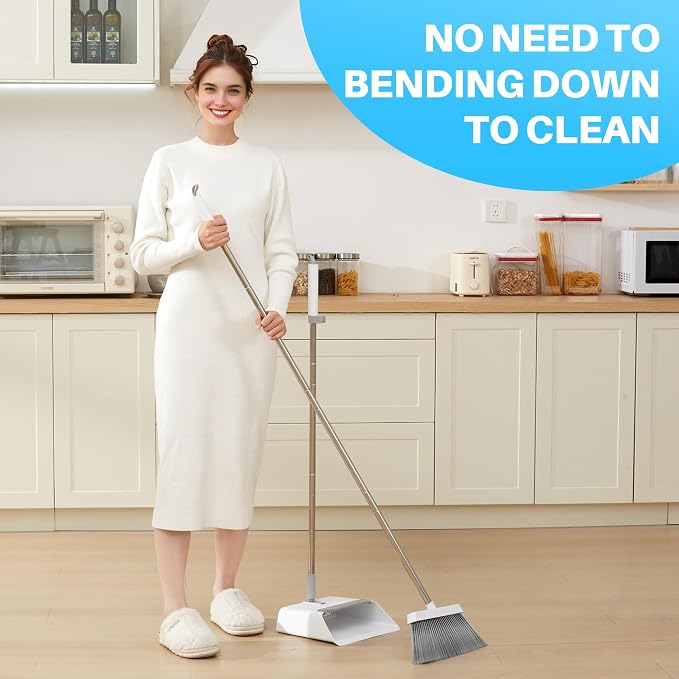 JOYMOOP White Broom and Dustpan Set, Upright Angle Design - Image 2