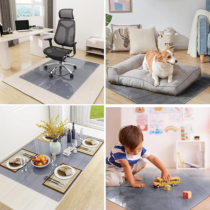 Tempered Glass Floor Mat for Office Chair, 36" x 46" Heavy Duty Hard Office Chair Mat, for Carpeted or Hard Floor, with 4 Anti-Slip Pads, Grey