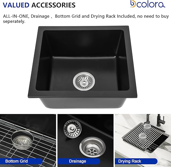 Dcolora 15 Inch Granite Composite Black Bar Sink Undermount Small Kitchen Sink Quartz Prep RV Single Bowl Under Counter Basin DC-GU7745