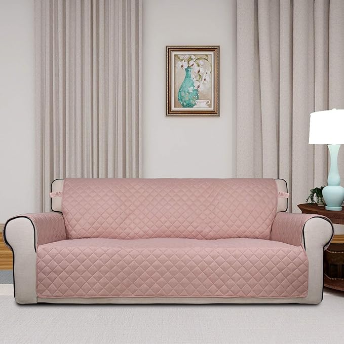 PureFit Reversible Quilted Sofa Cover, Water Resistant Slipcover Furniture Protector, Washable Couch Cover with Non Slip and Elastic Straps for Kids, Dogs, Pets (Sofa, Pink/Beige)