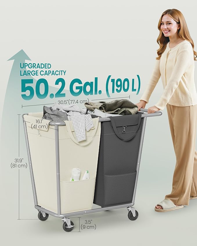 SONGMICS Laundry Basket with Wheels, 2-Section Laundry Sorter, 50.2 Gallons (190 L) Rolling Hamper with Removable Bags, Heavy-Duty Steel Frame, Cream White and Dark Gray URLS009X01
