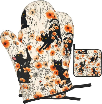Orange Floral Pot Holders and Oven Mitts Set of 3, Cute Black Cat Kitchen - Image 2