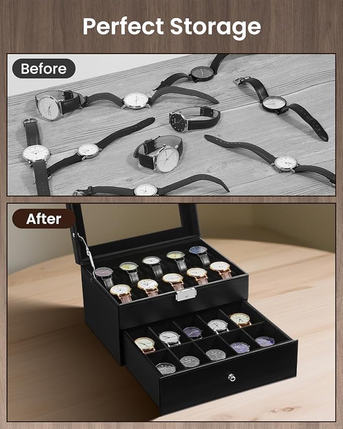 Uten 20-Slot Watch Box, 2-Layers PU Leather Watch Case with Glass Lid, Watch Holder Organizer with Soft Pillow and Velvet Lining, Watch and Jewelry Storage Box, Black