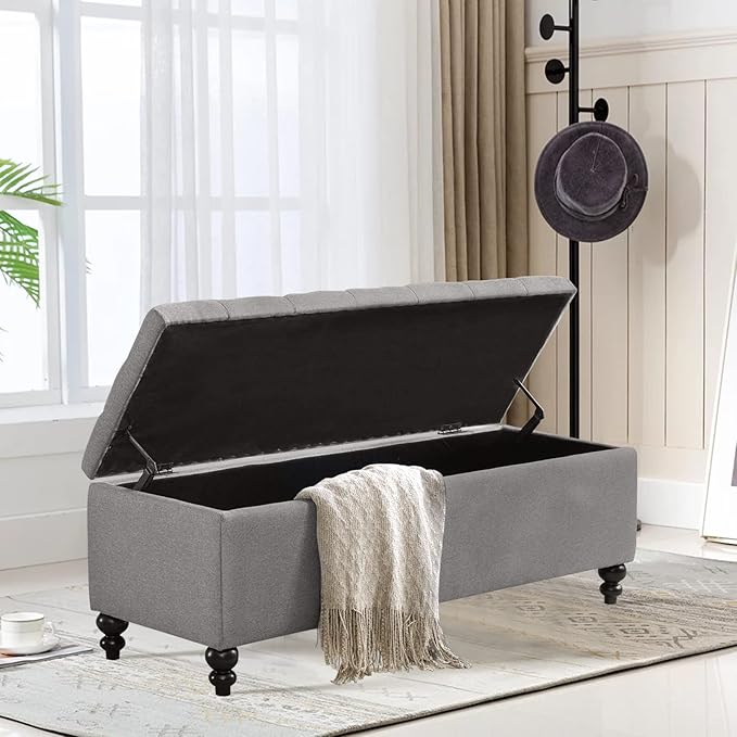 Storage Ottoman 50.2 Inches Upholstered Fabric Storage Ottoman Bench，Button Tufted Ottoman with Storage for Living Room，Bedroom End of Bed Bench Withstands 301lbs(Grey-TP)
