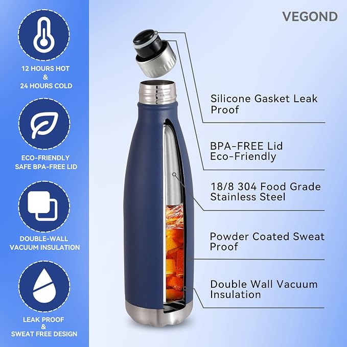 VEGOND 17oz Stainless Steel Water Bottles, Reusable Metal Sports Water Bottle - Image 2