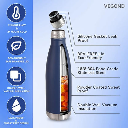 VEGOND 17oz Stainless Steel Water Bottles, Reusable Metal Sports Water Bottle - Image 2