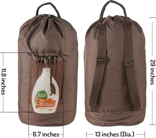 Large Laundry Backpack Bag with Detergent Holder and Adjustable Shoulder Straps, Clothes Laundry Backpack for College, Travel, Apartment, Laundromat, Dorm Room (Brown)