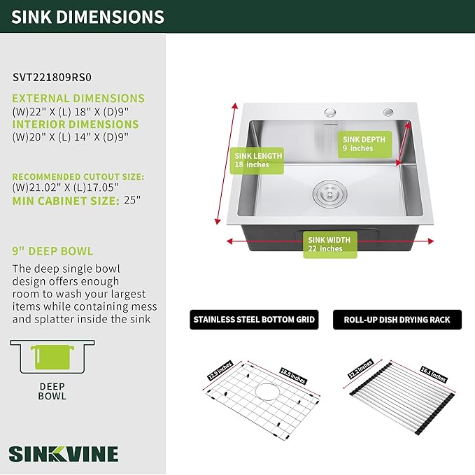 22 Inch Drop-In Kitchen Sink, SINKVINE 22" x 18" Stainless Steel Indoor and Outdoor Sink, Top Mount Deep Single Bowl Sink for Laundry, Wet Bar, RV, w/Drain Strainer, Bottom Grid, Roll-up Drying Unit