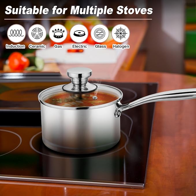 P&P CHEF 1 Quart Tri-Ply Stockpot and Saucepan, Stainless Steel Sauce Pan - Image 5