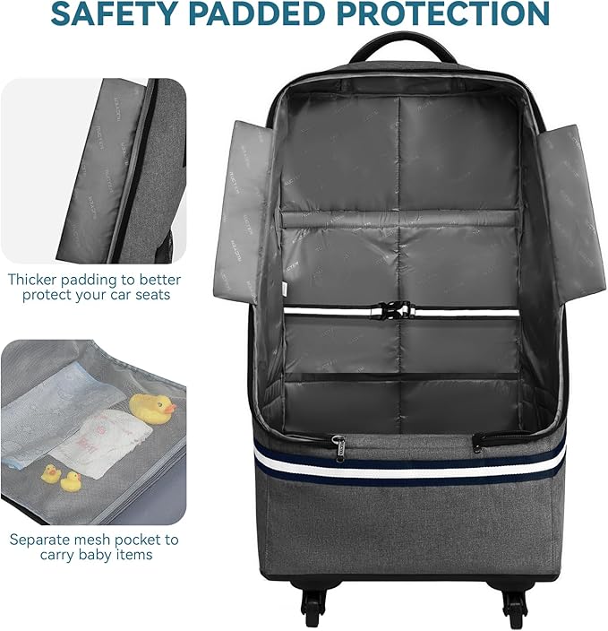 Rolling Car Seat Travel Bag, Padded Carseat Travel Backpack for Airplane,Large Durable Travel Bag with 4 Wheels,Adjustable Shoulder Strap and Waterproof Base Dark Grey