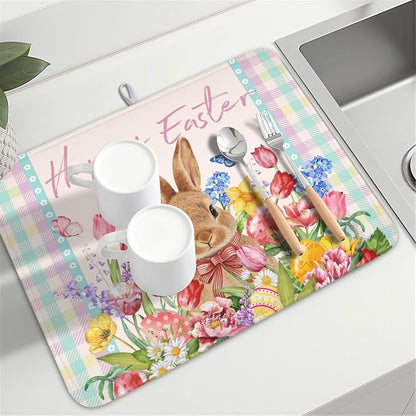 Easter Bunny Dish Drying Mat for Kitchen Counter Happy Easter Rabbit Floral - Image 8