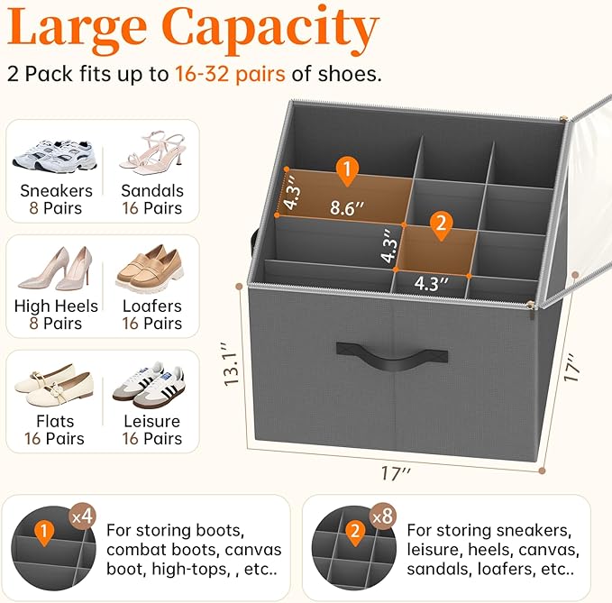 Shoe Organizer for Closet, 2 Pack Foldable Shoe Storage Containers, Fits up 16-32 Pairs, Shoe Storage Organizer Box Cubby Baskets Bins with Clear Cover and Reinforced Handles, Gray