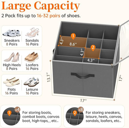 Shoe Organizer for Closet, 2 Pack Foldable Shoe Storage Containers, Fits up 16-32 Pairs, Shoe Storage Organizer Box Cubby Baskets Bins with Clear Cover and Reinforced Handles, Gray