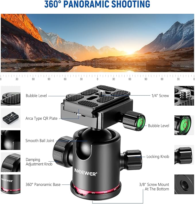 NEEWER Upgraded 80.7" Carbon Fiber Camera Tripod Monopod with Telescopic 2 Section Center Axes, 360° Panorama Ballhead, 1/4" Arca Type QR Plate, Travel Tripod with ø28mm Column, Max Load 26.5lb, N55CR