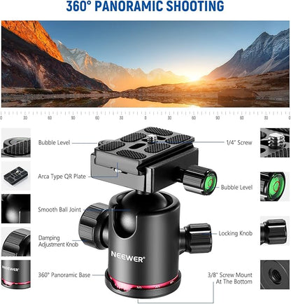 NEEWER Upgraded 80.7" Carbon Fiber Camera Tripod Monopod with Telescopic 2 Section Center Axes, 360° Panorama Ballhead, 1/4" Arca Type QR Plate, Travel Tripod with ø28mm Column, Max Load 26.5lb, N55CR