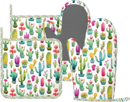 Oven Mitts and Pot Holders Set, Cactus Pattern Watercolor Silicone Kitchen by DADABULIU