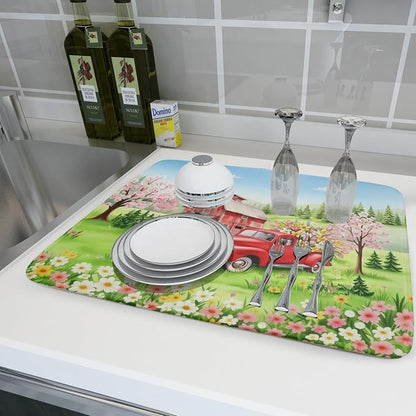 Spring Dish Drying Mat for Kitchen Counter Red Truck Flowers Microfiber - Image 6