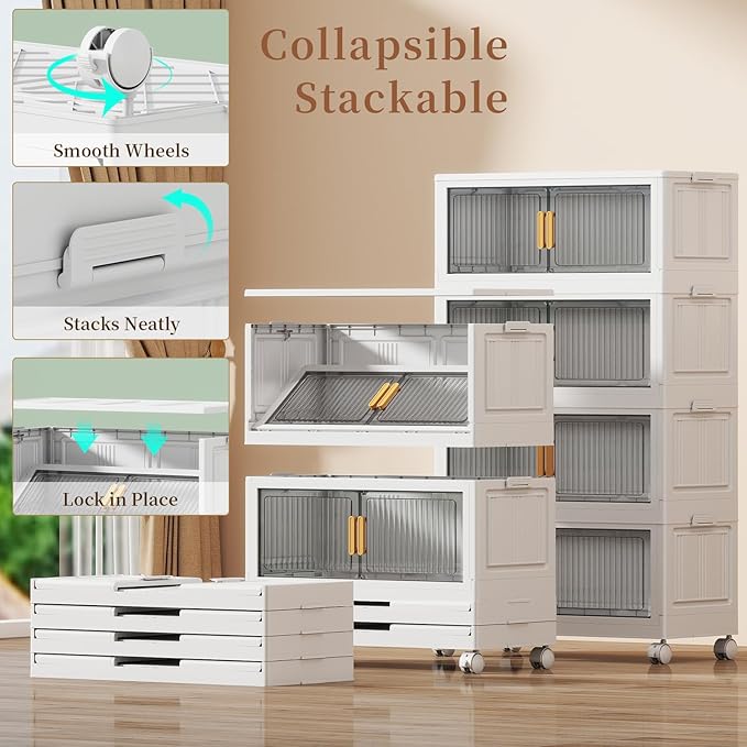 100Gal Stackable Plastic Storage Bins with Lids, Collapsible Closet Organizers and Storage with Wheels for Living Room,Office,Dorm, 30.5" W x 14.6" D x 60" H, 4 Tier
