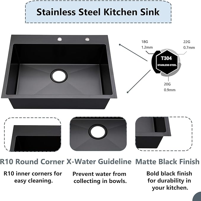 COMLLEN 33"x22"x9" Black Drop In Kitchen Sink, Top Mount SUS304 Stainless Steel Gunmetal Black 18 Gauge Large Commercial Modern Handmade Kitchen Sinks with Drain