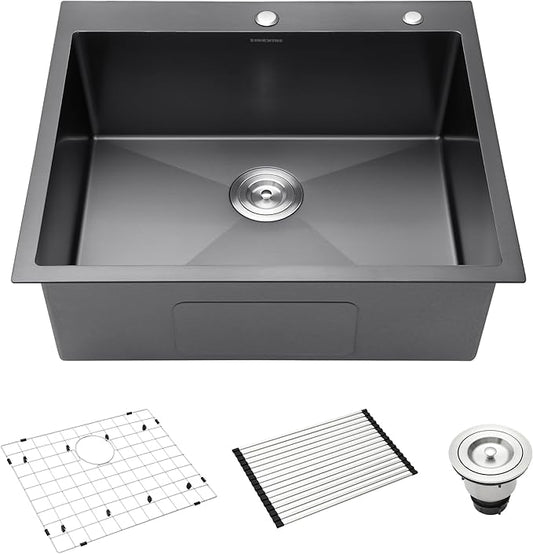 Black Drop-In Kitchen Sink 25 x 22 inch, SINKVINE PVD Nano Stainless Steel Sink for Laundry Outdoor, with Top Mount Large Deep Single Bowl, Drain Strainer, Bottom Grid, Roll-up Drying Unit, Dark Gray