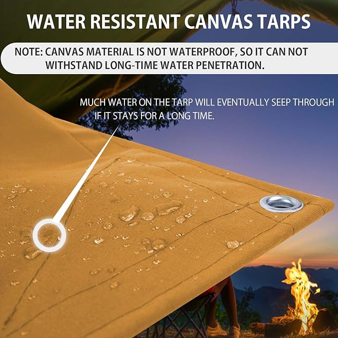 FoundGo 6x8ft Canvas Tarp 22 Mil Tarps 14 oz Canvas Tarpaulin Heavy Duty Cloth Water/UV Resistant Cover with Rustproof Grommets & Ropes for Cars,Roofs,Boats,Camps,Sunshades，Moisture Barrier -Tan