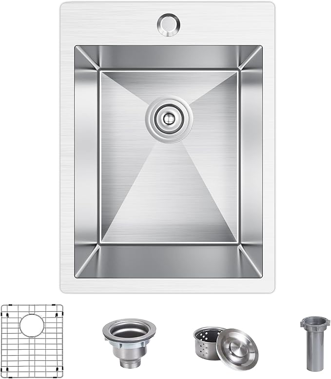 15x20 inch Drop in Bar Sink, 15 inch Small Kitchen Sink 18 Gauge Single Bowl Stainless Steel Topmount Bar Sink with Basket Strainer Drain & Bottom Grid