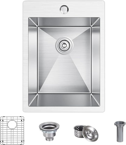 15x20 inch Drop in Bar Sink, 15 inch Small Kitchen Sink 18 Gauge Single Bowl Stainless Steel Topmount Bar Sink with Basket Strainer Drain & Bottom Grid