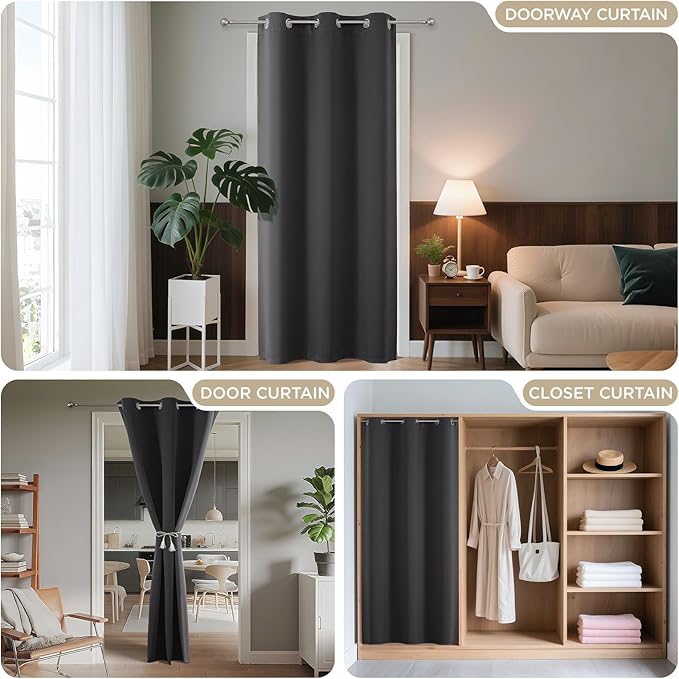 Joydeco Blackout Door Curtain for Doorway Privacy 96 Inches Long, Grommet Closet Curtain for Open Closet, Room Divider for Bedroom Living Room (Grey, 52Wx96L, 1 Panel)