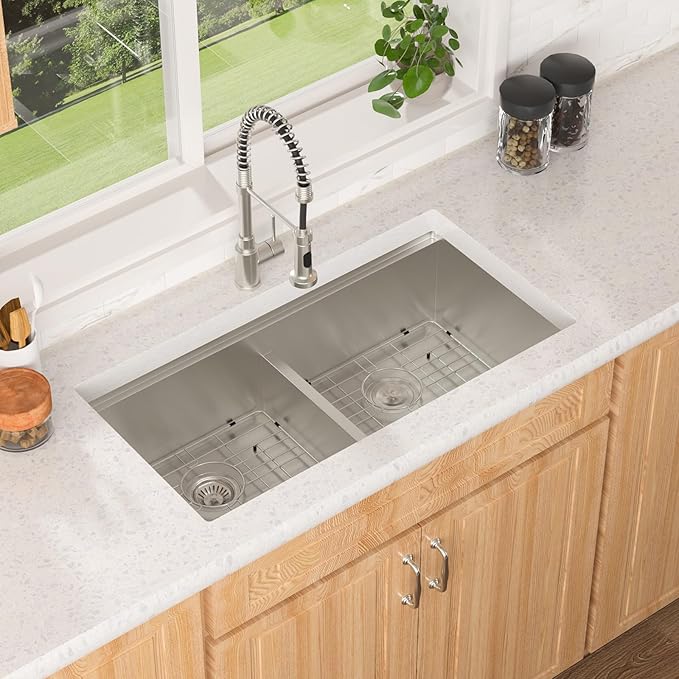 Lordear 36 Inch Undermount Kitchen Sink Double Bowl Stainless Steel Kitchen Sinks 50/50 Low Divided 16 Gauge Undermount Sink 36x19x10 Inch Handmade