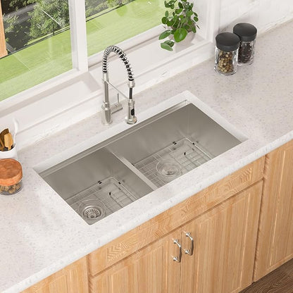 Lordear 36 Inch Undermount Kitchen Sink Double Bowl Stainless Steel Kitchen Sinks 50/50 Low Divided 16 Gauge Undermount Sink 36x19x10 Inch Handmade