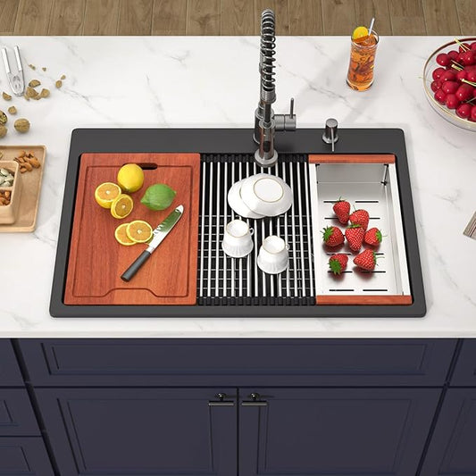 33 Inch Drop in Granite Composite Black Kitchen Sink-Donsdey Double Bowl Topmount 60/40 Basin Quartz Workstation Sink with Luxury Accessories Easy Cleaning Noise Reduction