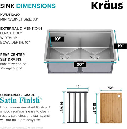 KRAUS Kore Workstation 30-inch Undermount 16 Gauge Stainless Steel Kitchen Sink, Double Bowl Kitchen Sink with Accessories, KWU112-30