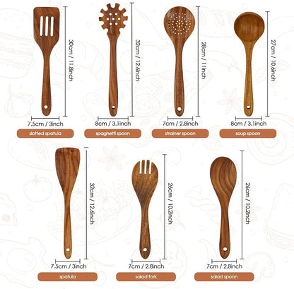 comfoyar Wooden Kitchen Cooking Utenails Set, 7 Pieces Natural Teak Wooden - Image 2