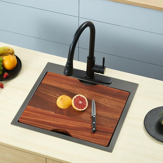 21 x 20 x 10 Drop-in Kitchen Sink - 16 Gauge Gunmetal Black Stainless Steel Workstation Single Bowl With Cutting Board