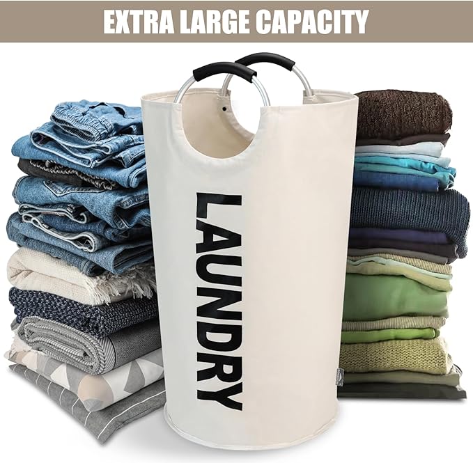 DOKEHOM 125L X-Large Laundry Basket, Collapsible Laundry Bag, Freestanding Tall Clothes Hamper, Foldable Washing Bin (Beige)