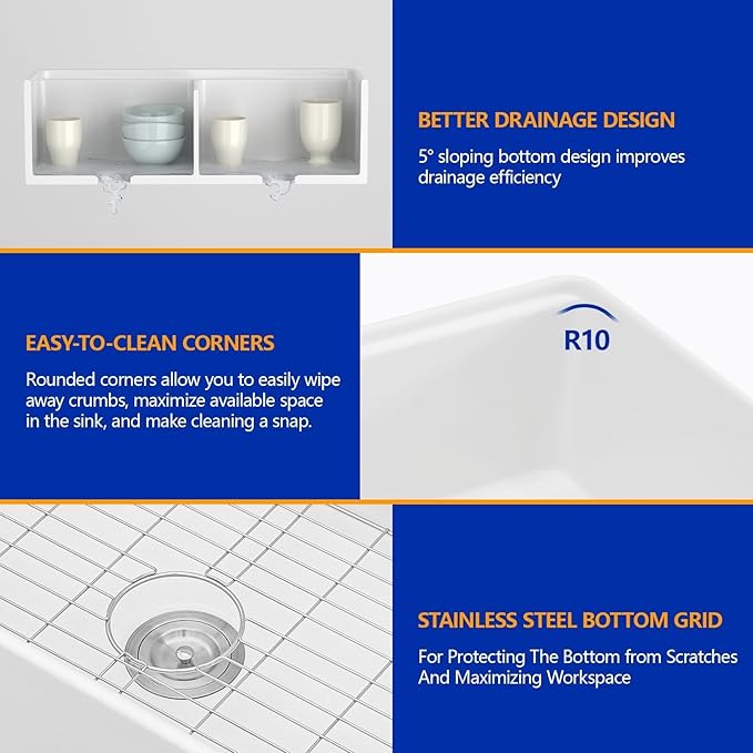 Dcolora Farmhouse Sink Double Bowl, White Kitchen Sink 33 Inch Farm House Workstation Ceramic Apron Front Country Sinks #DC-A8879, 33"x20"x10"