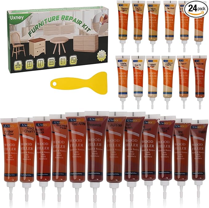 Wood Furniture Repair Kit,24 Colors Wood Fillers,Scratch Repair Covers & Removers for Repairing Scratches,Cracks,Dings and Holes in Cabinets, Cut Panels(Red Series)
