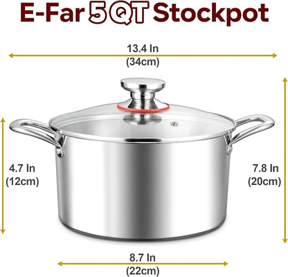 E-far 5 Quart Stock Pot with Lid, 18/10 Tri-ply Stainless Steel Stockpot - Image 2