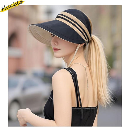 Sun Hats for Womens Wide Brim UV Protection Fishing Hats Packable Reversible Hollow Top Hat with Ponytail Beach Travel Hats