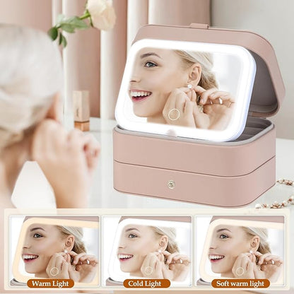 Travel Jewelry Case with LED Lighted Mirror, Personalized Birthday Gifts for Women Girls Kids, 2-Layer Portable Travel Jewelry Organizer, Travel Essentials (Autumn Apricot)