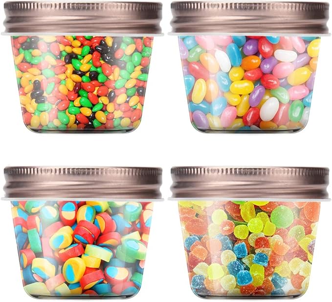 Novelinks 4 Ounce Clear Plastic Jars with Rose Gold Lids - Refillable Round Containers for Kitchen & Household Storage - BPA Free (40 Pack)