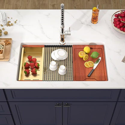 33 Inch Classic White Undermount Granite Composite Kitchen Sink Under Counter Quartz Single Bowl Sink Workstation Sinks with Accessories Quick Drain Noise Reduction Home Renovation Gold Accessories