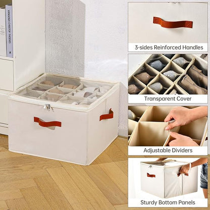Shoe Organizer for Closet, 2 Pack Foldable Shoe Storage Containers, Fits up to 16-32 Pairs, Adjustable Dividers for Shoe Organizer, Fabric Shoe Storage Bins with Clear Cover, Beige