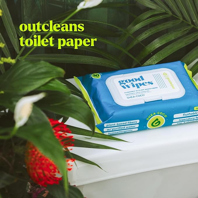 goodwipes Flushable Butt Wipes - Vitamin E & Aloe - Sewer & Septic Safe - Extra Large Adult Wet Wipes For Women & Men - Bathroom Essentials - Shea Coco, 318 Count (6 Packs + 1 Travel)