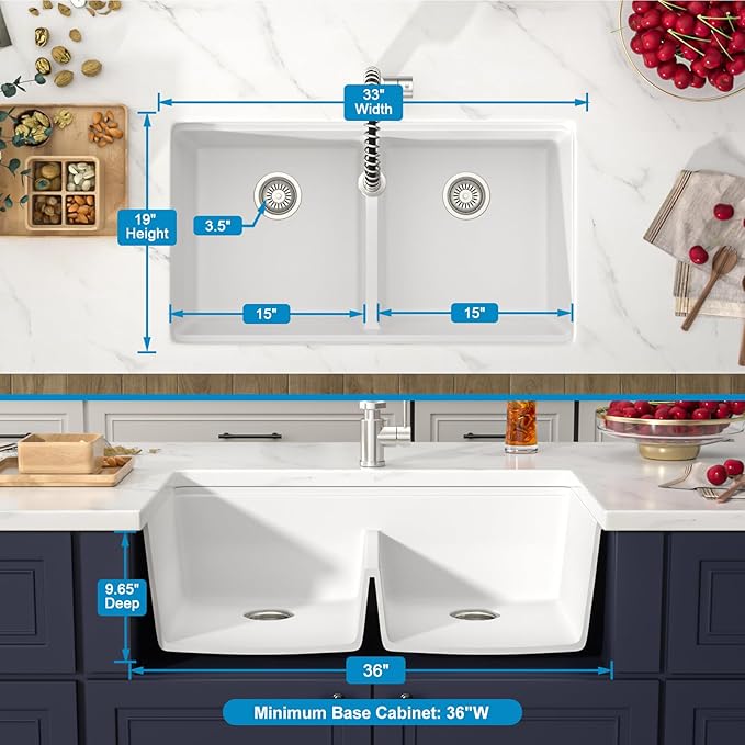 33 Inch Undermount White Granite Composite Kitchen Sink Under Counter Quartz Single Bowl Sink Workstation Sinks with Accessories Quick Drain Noise Reduction Home Renovation Classic Style